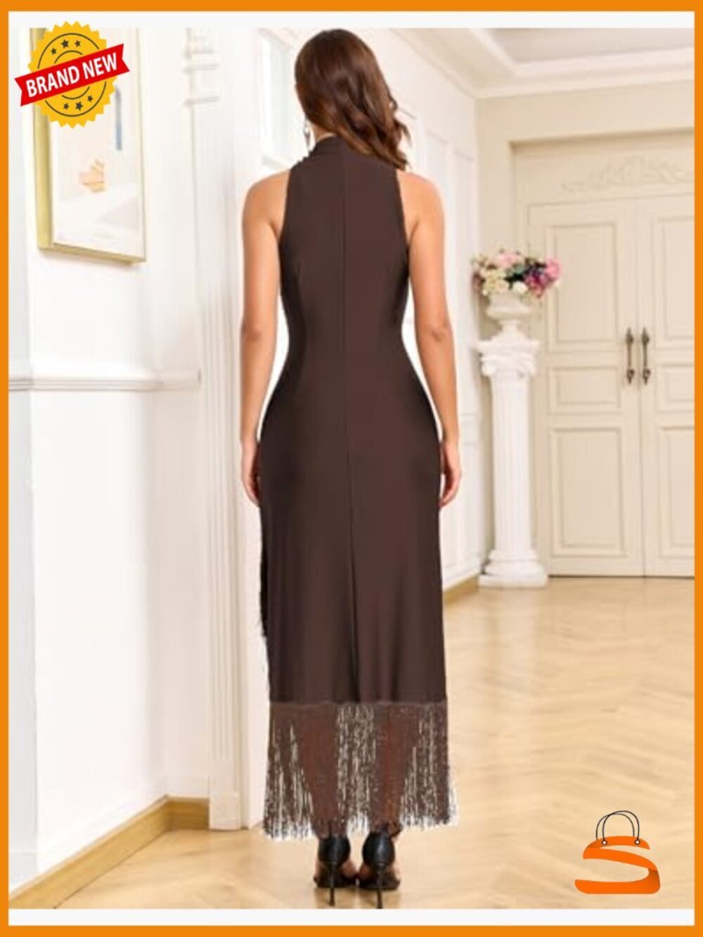 Vintage Flapper Maxi Dress High Neck Tassels Split Sleeveless Formal Gown - Picture 6 of 7
